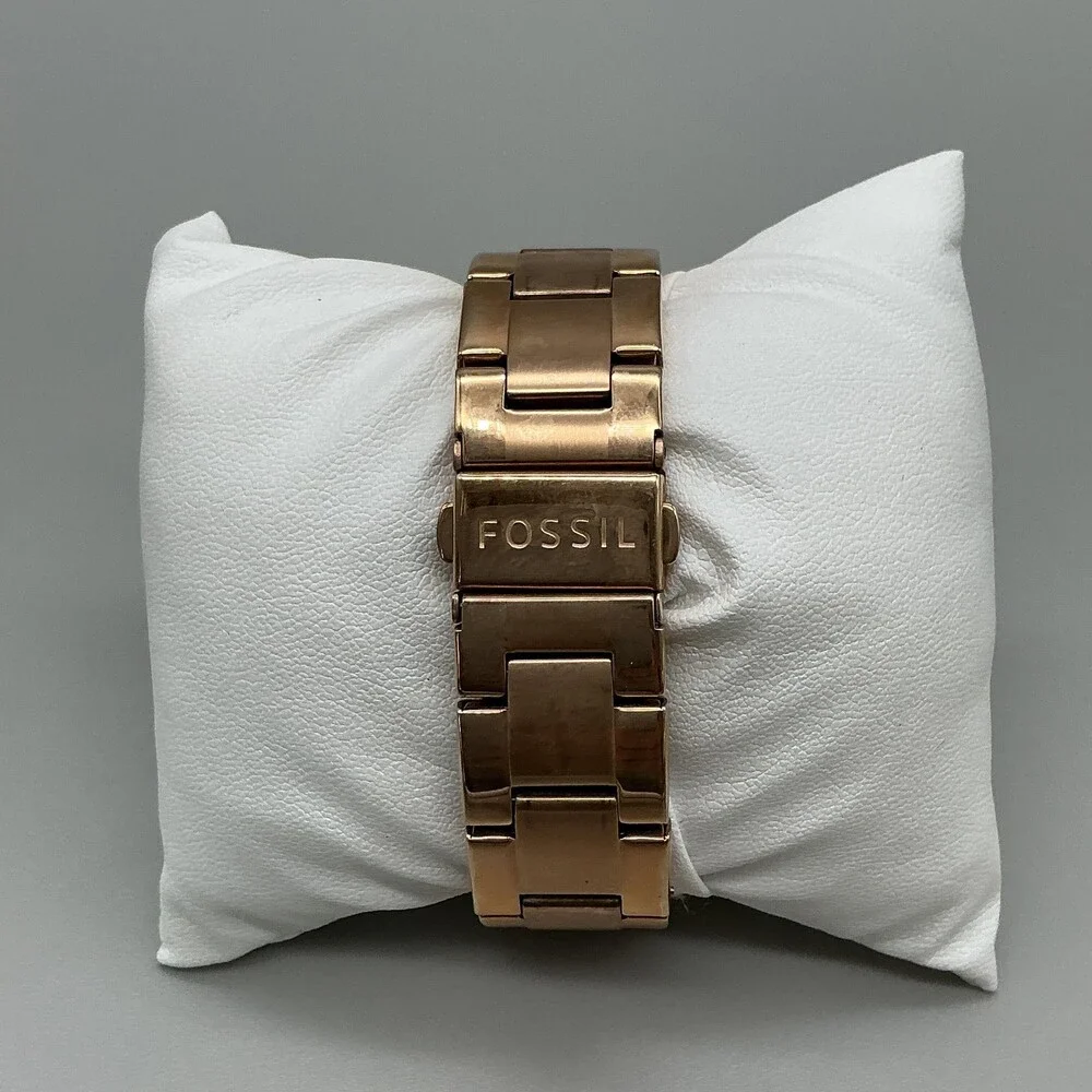 Fossil ES3198 Womens Watch 38mm Rose Gold Tone Crystal Day Date New Battery 6.5